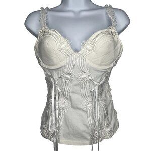 Vintage Y2K Noa White Cotton Camisole Top Size S Corset Crochet Lace Smocked